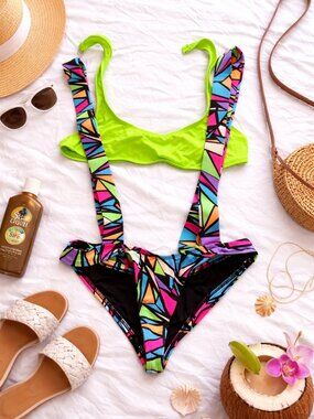 Hot Miami Styles Neon Geometric Bikini Set (Size S)